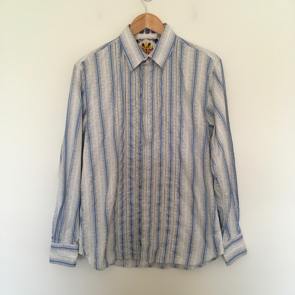 Robert Graham Shirt Mens L Flip Cuff  White Blue Striped Contrast Abstract Logo